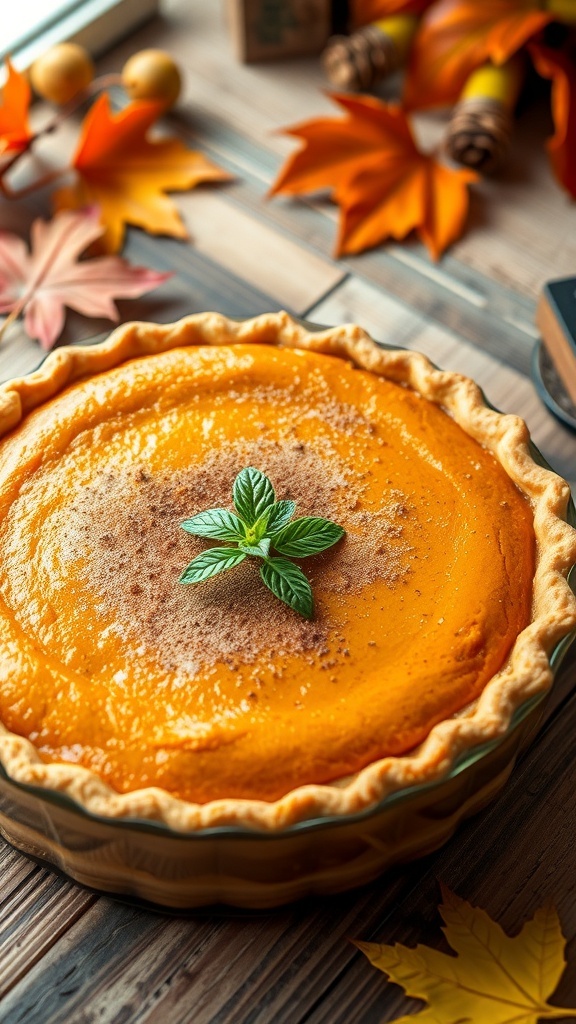 A freshly baked pumpkin pie with a golden crust and cinnamon garnish on a rustic table.